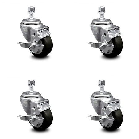 Service Caster 3.5 Inch Black Polyurethane Swivel 12mm Threaded Stem Caster Set with Brake SCC-TS20S3514-PPUB-BLK-TLB-M1215-4